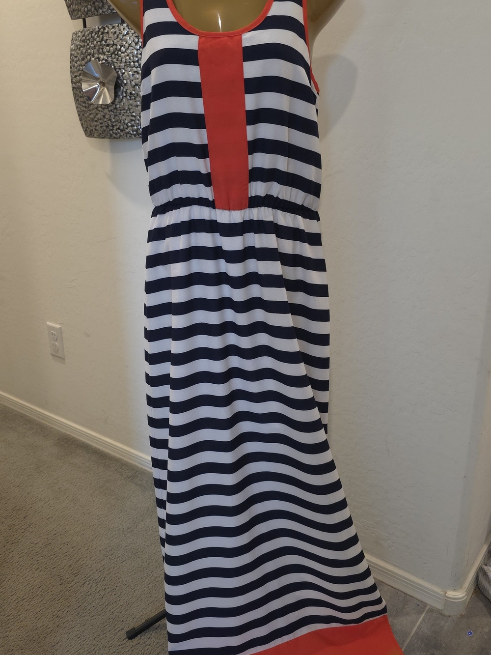 THML Navy and White Striped Maxi Dress with Red Accents